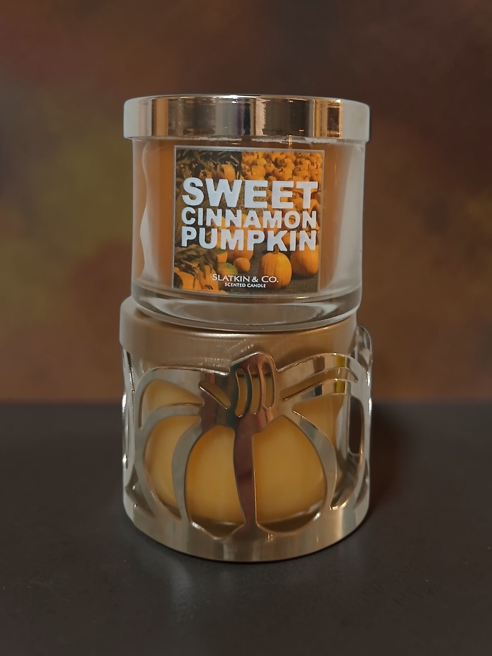 Sweet Cinnamon Pumpkin Scented Candle And Silver Pumpkin Candle Holder